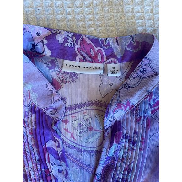 Susan Garver Paisley Floral Boho Purple Pleated Long Sleeve Tunic Blouse Medium - Picture 12 of 12